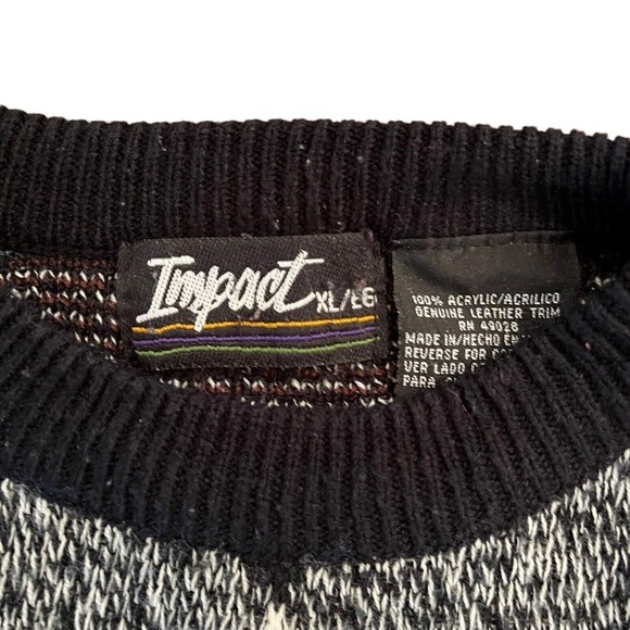 Vintage Impact Sweater Black Gray Marion Leather Patches Retro Size XL - Picture 3 of 4